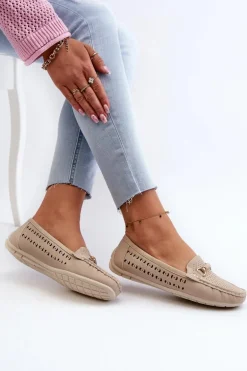 Mokasyny Damskie Ażurowe Z Ozdobą Beżowe Kaydance
