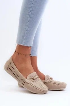 Mokasyny Damskie Ażurowe Z Ozdobą Beżowe Kaydance
