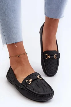 Mokasyny Damskie Ażurowe Z Ozdobą Czarne Kaydance