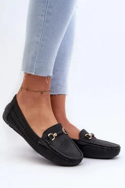 Mokasyny Damskie Ażurowe Z Ozdobą Czarne Kaydance