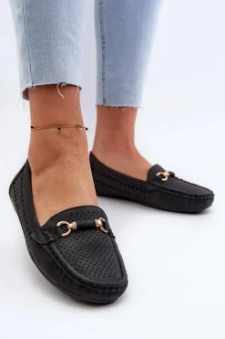Mokasyny Damskie Ażurowe Z Ozdobą Czarne Kaydance