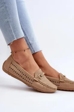 Mokasyny Damskie Ażurowe Z Ozdobą Brązowe Kaydance