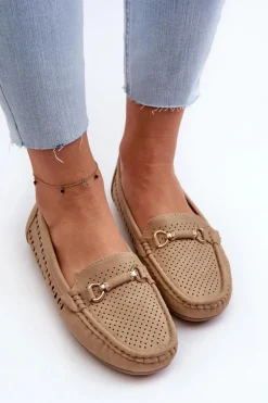 Mokasyny Damskie Ażurowe Z Ozdobą Brązowe Kaydance