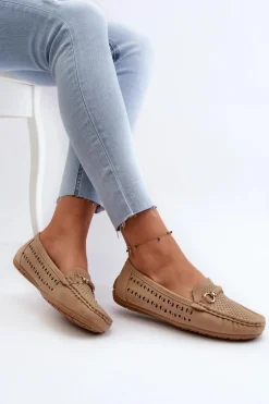 Mokasyny Damskie Ażurowe Z Ozdobą Brązowe Kaydance