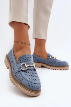 Mokasyny Damskie Ażurowe Z Ozdobą Niebieskie Talesse