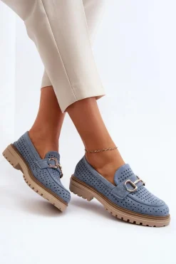 Mokasyny Damskie Ażurowe Z Ozdobą Niebieskie Talesse