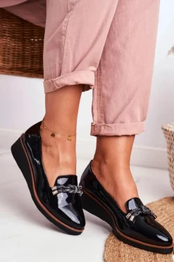 Mokasyny Damskie Czarne Lakierowane Na Koturnie Abba