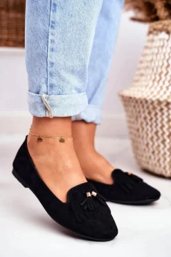 Mokasyny Damskie Czarne Lordsy Frędzle Therese