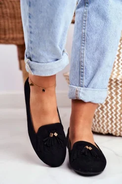Mokasyny Damskie Czarne Lordsy Frędzle Therese