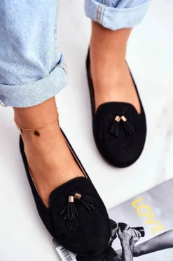 Mokasyny Damskie Czarne Lordsy Frędzle Therese