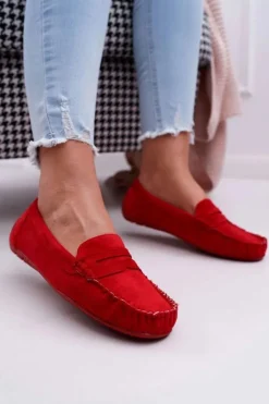 Mokasyny Damskie Czerwone Zamszowe Bolero