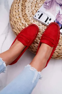 Mokasyny Damskie Czerwone Zamszowe Bolero