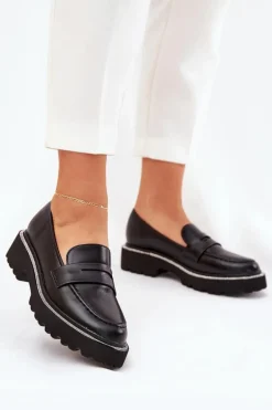 Mokasyny Damskie Eko Skórzane Z Cyrkoniami Czarne Wilamla