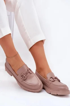 Mokasyny Damskie Eko Skórzane Z Ozdobnym Detalem Khaki Seftass