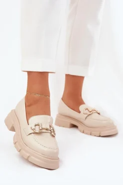 Mokasyny Damskie Eko Skórzane Ze Złotym Detalem Beżowe Ravalissea