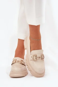 Mokasyny Damskie Eko Skórzane Ze Złotym Detalem Beżowe Ravalissea