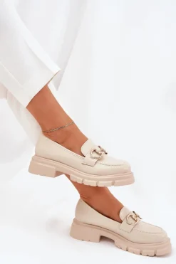 Mokasyny Damskie Eko Skórzane Ze Złotym Detalem Beżowe Ravalissea
