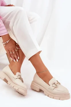 Mokasyny Damskie Eko Skórzane Ze Złotym Detalem Beżowe Ravalissea