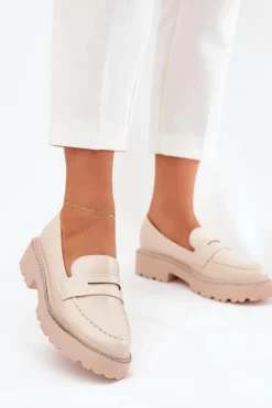 Mokasyny Damskie Eko Skórzane Z Cyrkoniami Beżowe Wilamla