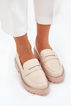 Mokasyny Damskie Eko Skórzane Z Cyrkoniami Beżowe Wilamla