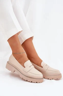 Mokasyny Damskie Eko Skórzane Z Cyrkoniami Beżowe Wilamla