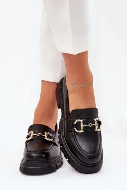Mokasyny Damskie Eko Skórzane Ze Złotym Detalem Czarne Ravalissea