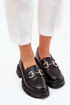 Mokasyny Damskie Eko Skórzane Ze Złotym Detalem Czarne Ravalissea