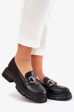 Mokasyny Damskie Eko Skórzane Ze Złotym Detalem Czarne Ravalissea