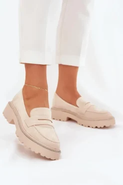 Mokasyny Damskie Eko Zamszowe Z Cyrkoniami Beżowe Wilamla