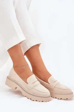 Mokasyny Damskie Eko Zamszowe Z Cyrkoniami Beżowe Wilamla