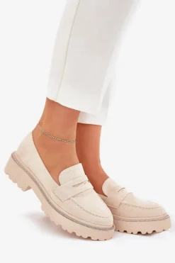 Mokasyny Damskie Eko Zamszowe Z Cyrkoniami Beżowe Wilamla