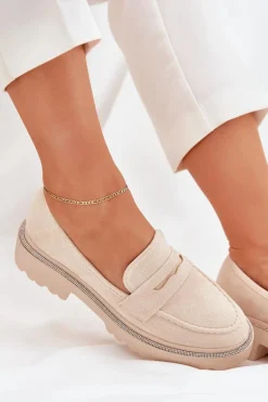 Mokasyny Damskie Eko Zamszowe Z Cyrkoniami Beżowe Wilamla