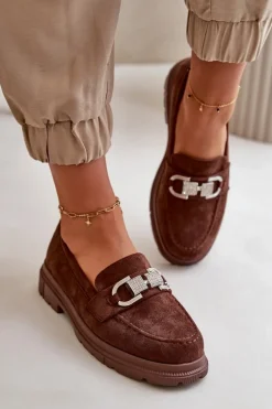 Mokasyny Damskie Eko Zamszowe Z Ozdobą Brązowe Wistera