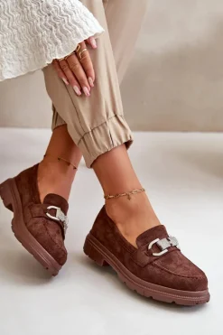 Mokasyny Damskie Eko Zamszowe Z Ozdobą Brązowe Wistera