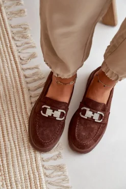 Mokasyny Damskie Eko Zamszowe Z Ozdobą Brązowe Wistera