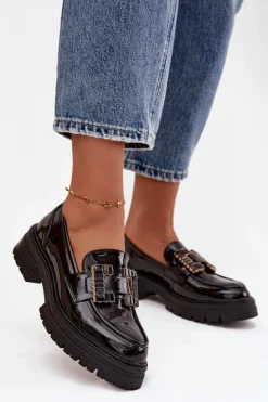 Mokasyny Damskie Lakierowane Z Ozdobą Czarne Ysandra