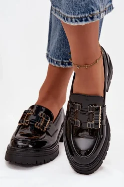 Mokasyny Damskie Lakierowane Z Ozdobą Czarne Ysandra