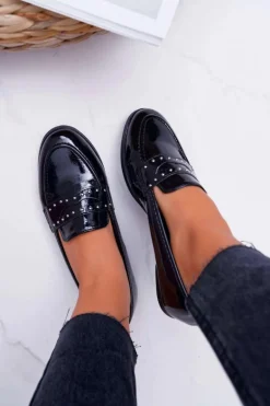 Mokasyny Damskie Lakierowane Loafery Lordsy Czarne Tenes