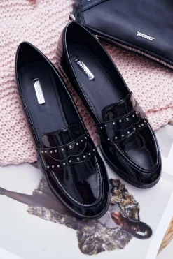 Mokasyny Damskie Lakierowane Loafery Lordsy Czarne Tenes