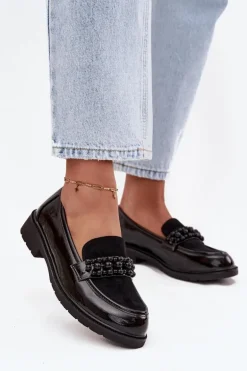 Mokasyny Damskie Lakierowane Z Koralikami S.Barski HY52-541 Czarne