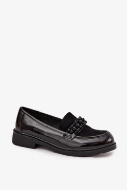 Mokasyny Damskie Lakierowane Z Koralikami S.Barski HY52-541 Czarne