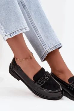 Mokasyny Damskie Lakierowane Z Koralikami S.Barski HY52-541 Czarne