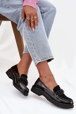 Mokasyny Damskie Lakierowane Z Koralikami S.Barski HY52-541 Czarne