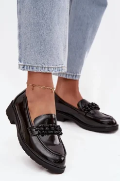 Mokasyny Damskie Lakierowane Z Koralikami S.Barski HY52-541 Czarne