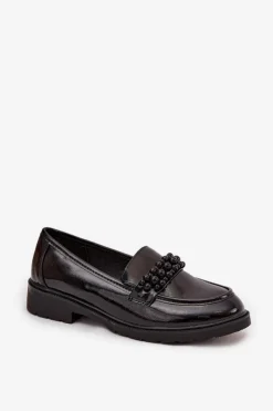 Mokasyny Damskie Lakierowane Z Koralikami S.Barski HY52-541 Czarne