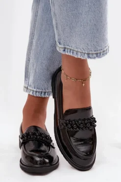 Mokasyny Damskie Lakierowane Z Koralikami S.Barski HY52-541 Czarne