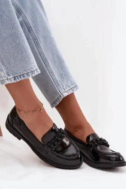 Mokasyny Damskie Lakierowane Z Koralikami S.Barski HY52-541 Czarne