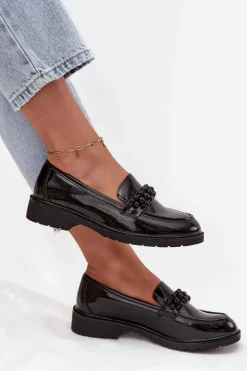 Mokasyny Damskie Lakierowane Z Koralikami S.Barski HY52-541 Czarne