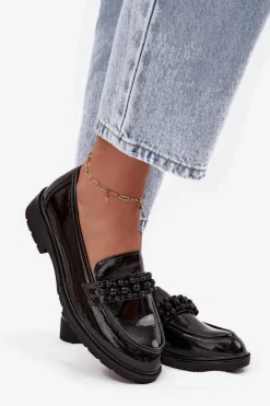 Mokasyny Damskie Lakierowane Z Koralikami S.Barski HY52-541 Czarne