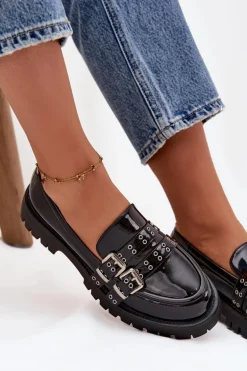 Mokasyny Damskie Lakierowane Z Paskami I Srebrnymi Klamrami Czarne Gabrisse